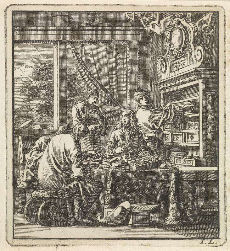 Vijf mannen bekijken de inhoud van diverse laden uit een kabinet, Jan Luyken, wed. Pieter Arentsz &amp; Cornelis van der Sys (II), 1711