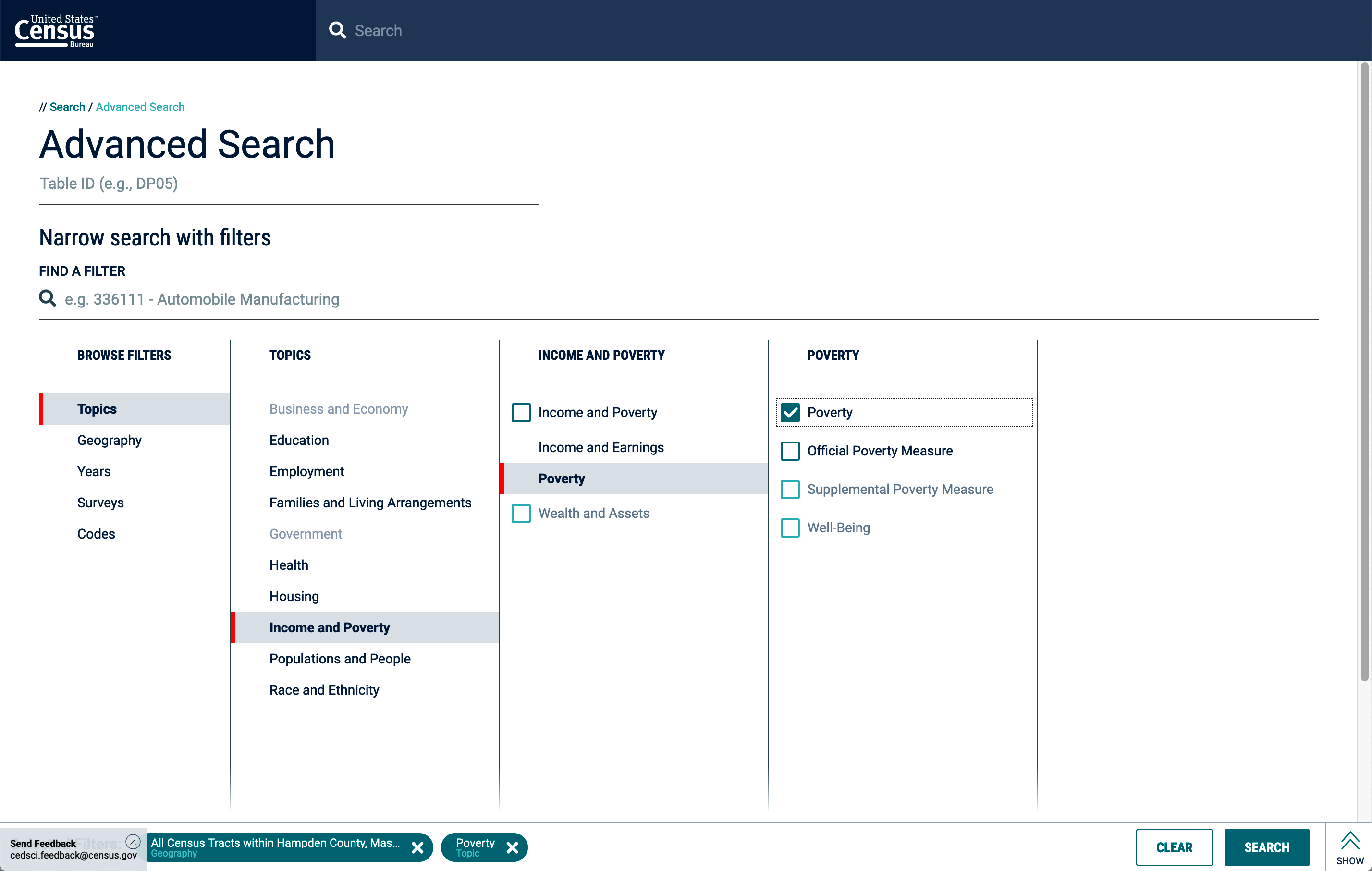 Census data advanced search topics filter dialog